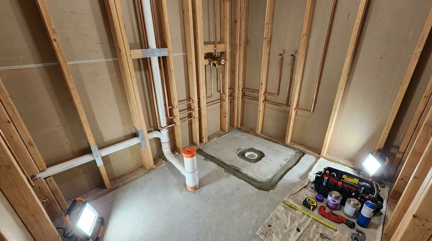 Bathroom rough-in plumbing during remodel by Johns Plumbing LLC in Markham