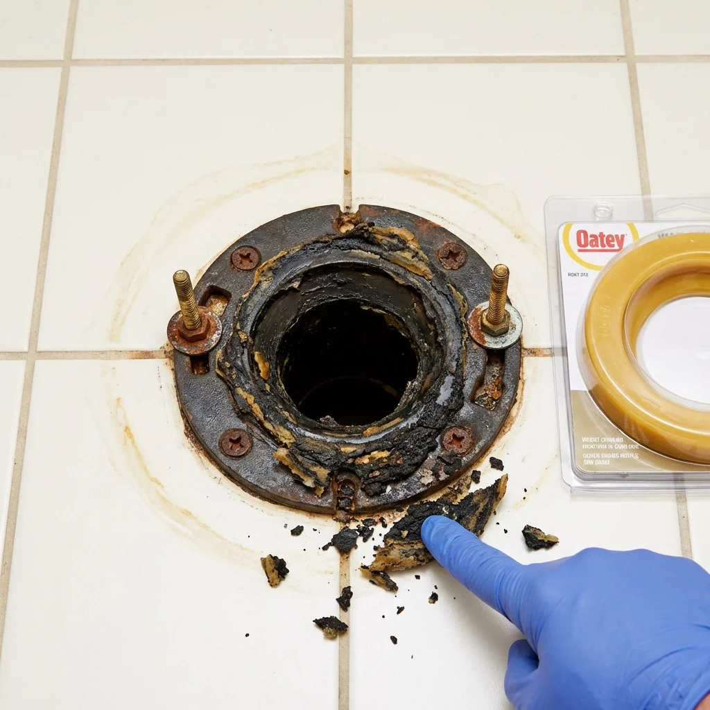 Failed wax ring showing water seepage at the base of a toilet in a Markham, IL home