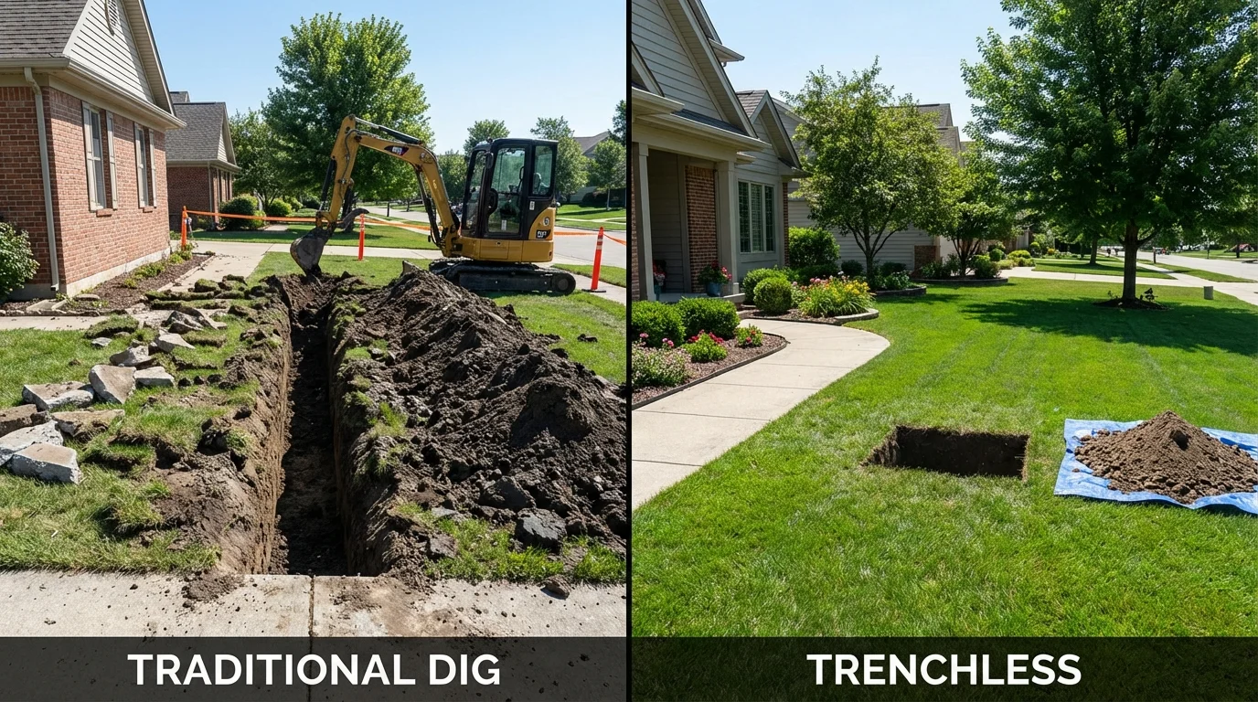 Trenchless sewer repair with minimal yard damage versus traditional excavation in Markham, IL