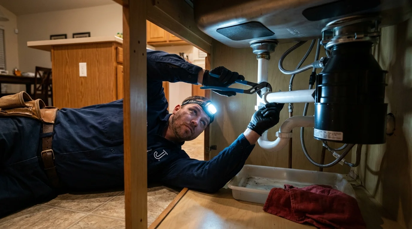 P-trap and supply line connections under a kitchen sink showing a common leak point in Markham, IL